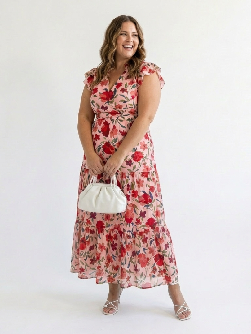 Lila | Vestido Midi Floral Escalonado de Cuello en V