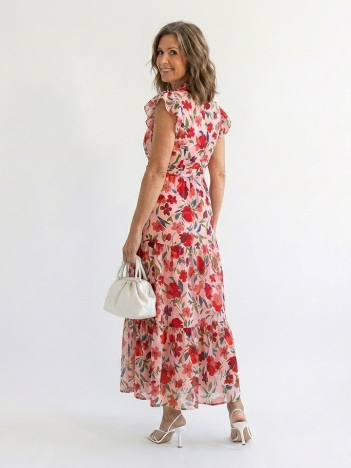 Lila | Vestido Midi Floral Escalonado de Cuello en V