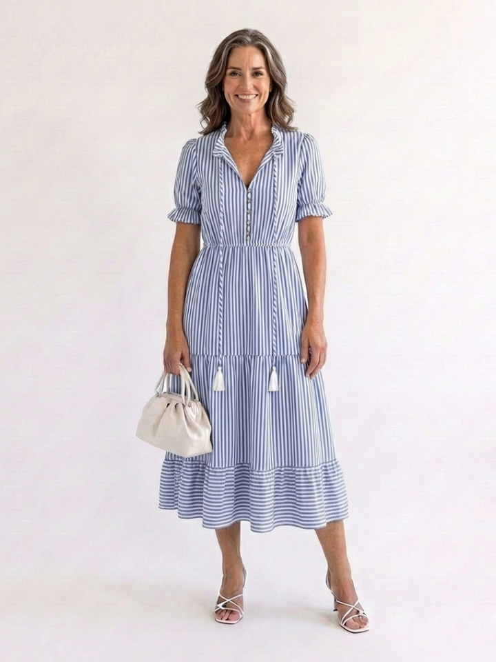 Dakota | Vestido Midi a Rayas por Capas y Manga Corta