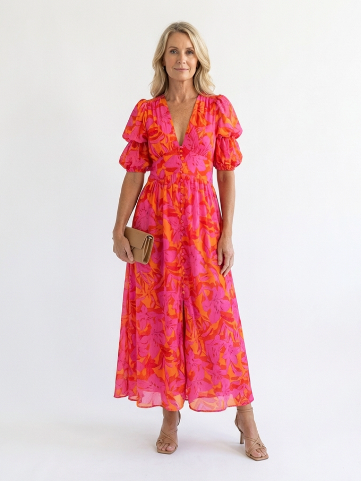 Willow | Vestido Midi Floral de Cuello en V y Manga Abullonada