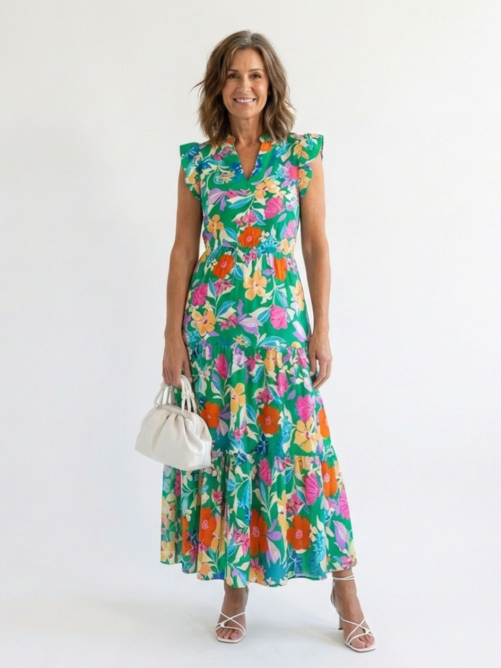 Lila | Vestido Midi Floral Escalonado de Cuello en V
