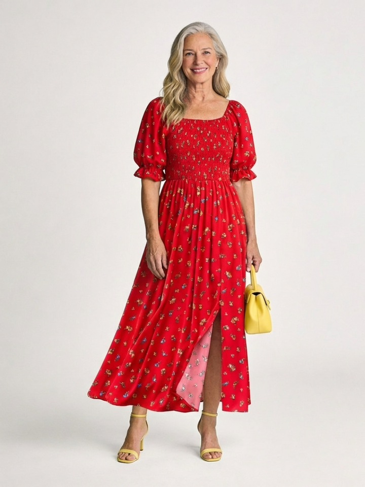 Delphine | Vestido Midi Floral de Escote Cuadrado y Manga Abullonada