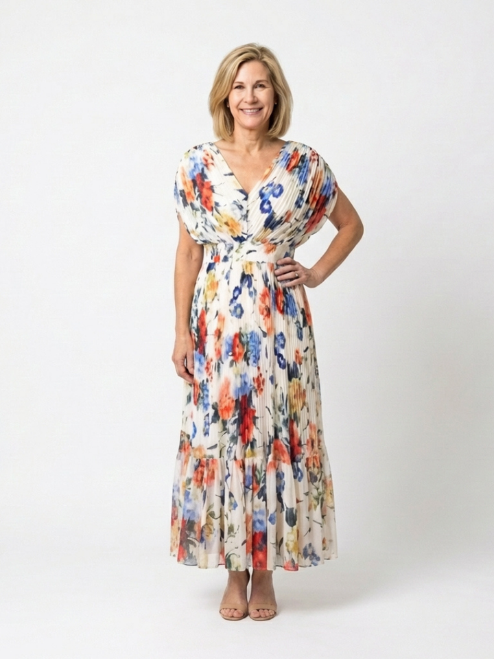 Savannah | Vestido Midi Floral Plisado de Manga Corta