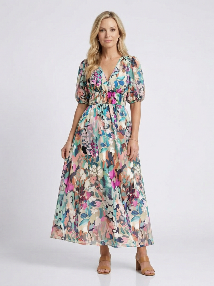 Eulalie | Vestido Midi de Cuello en V, Manga Corta y Cintura Fruncida
