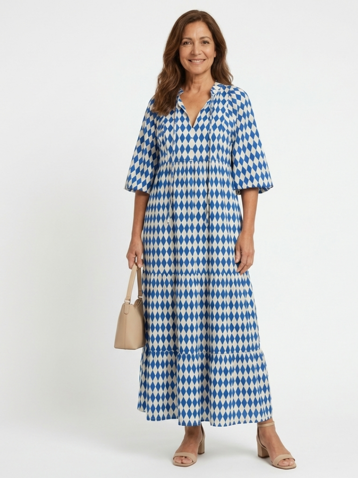 Elodie | Vestido Midi Escalonado con Estampado de Diamantes