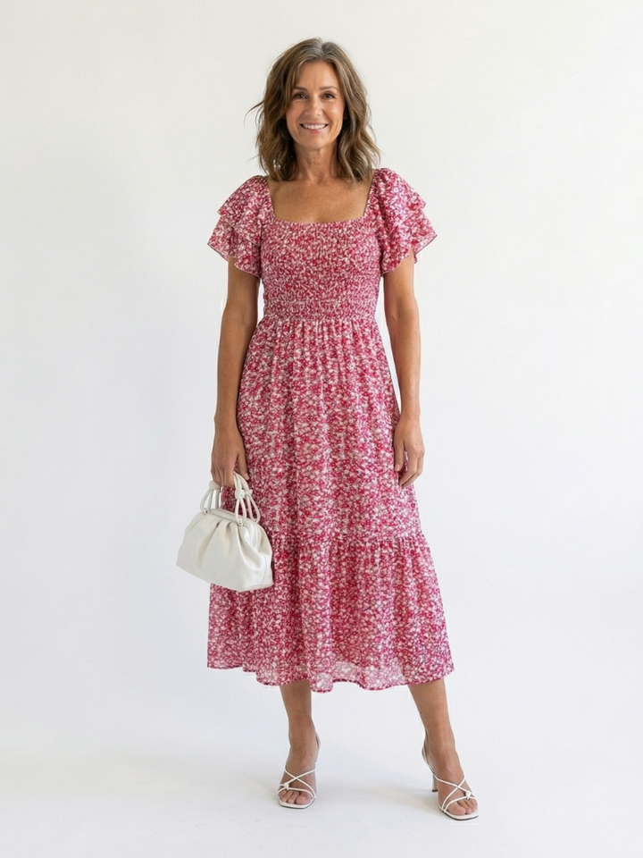 Odette | Vestido Midi Floral con Hombros Descubiertos y Fruncido Elástico