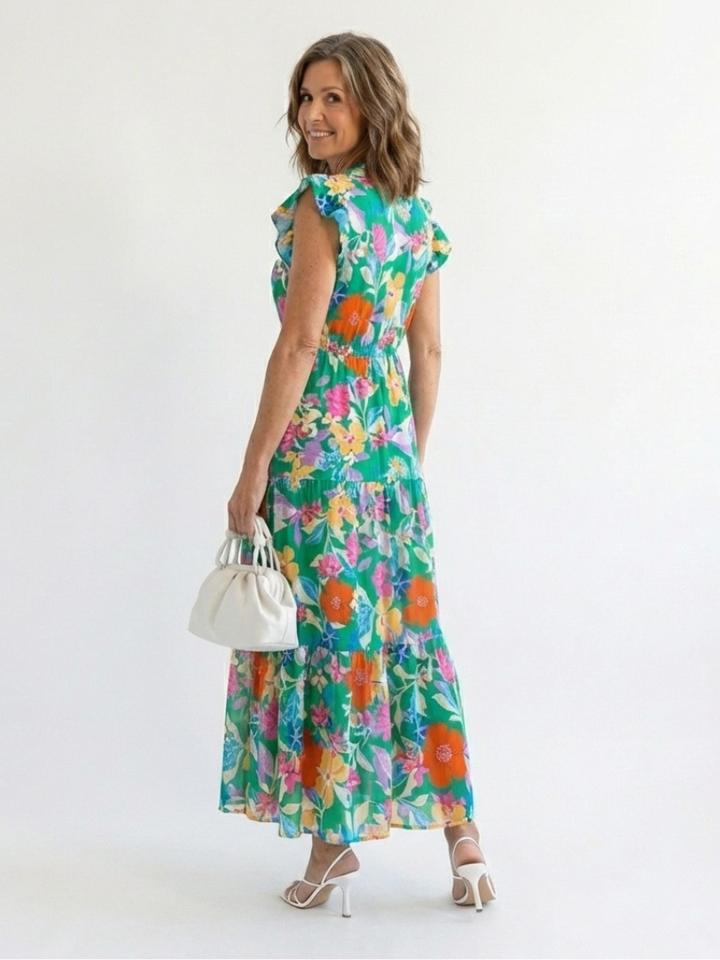 Lila | Vestido Midi Floral Escalonado de Cuello en V