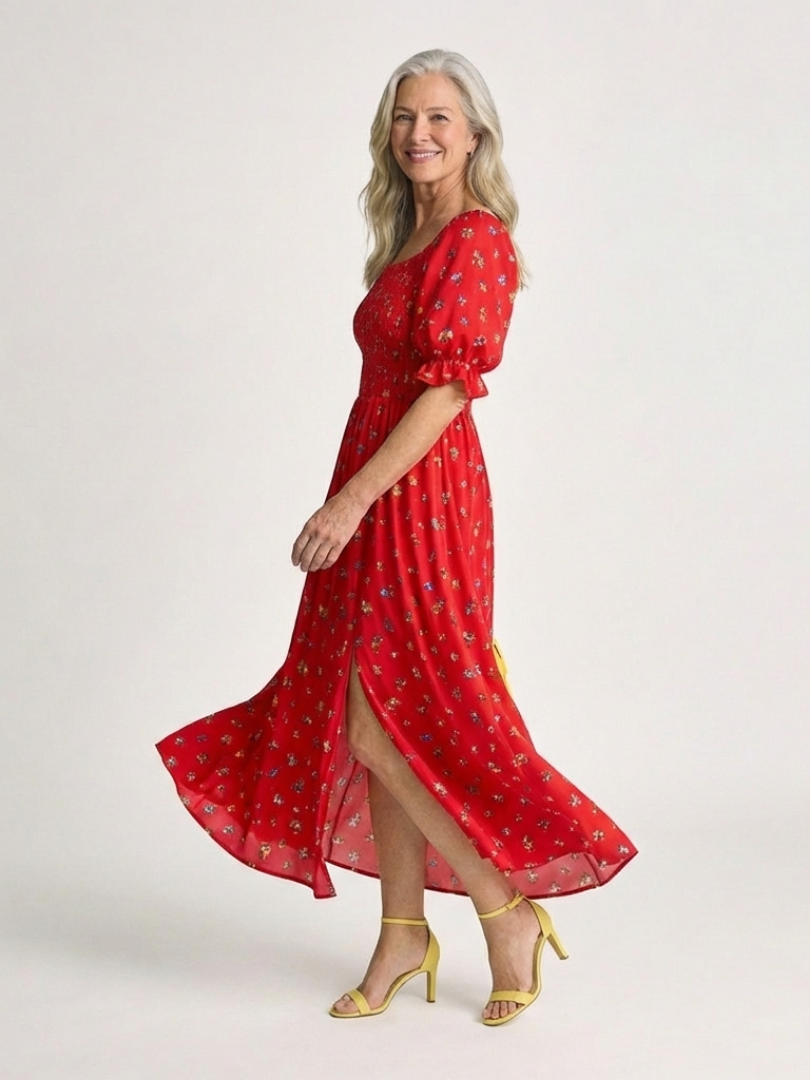 Delphine | Vestido Midi Floral de Escote Cuadrado y Manga Abullonada