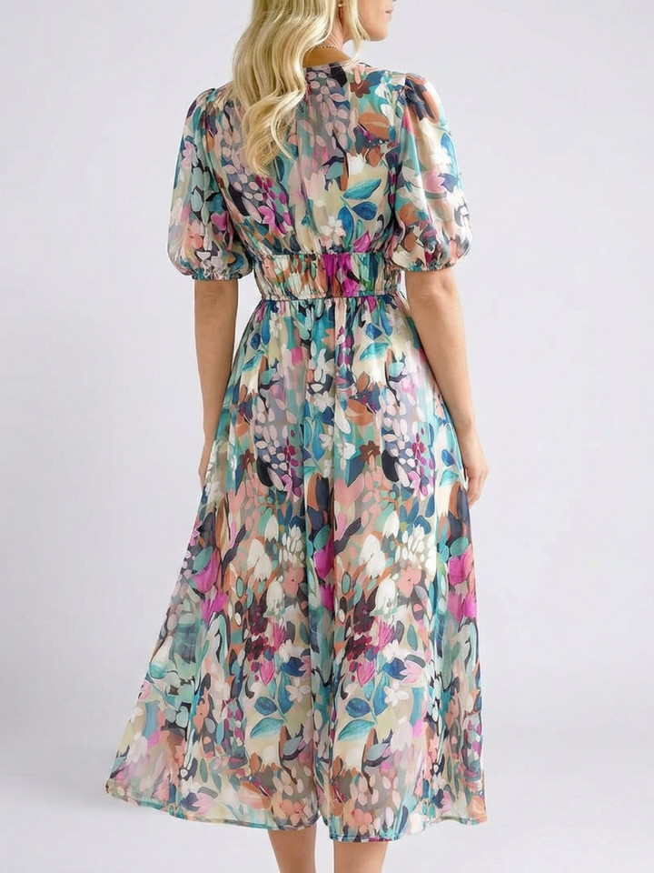 Eulalie | Vestido Midi de Cuello en V, Manga Corta y Cintura Fruncida