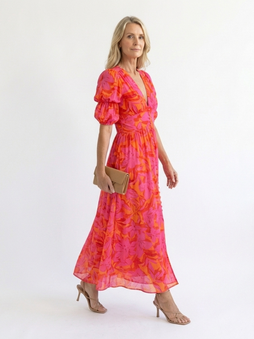 Willow | Vestido Midi Floral de Cuello en V y Manga Abullonada