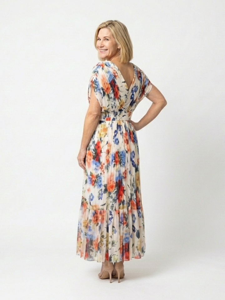 Savannah | Vestido Midi Floral Plisado de Manga Corta