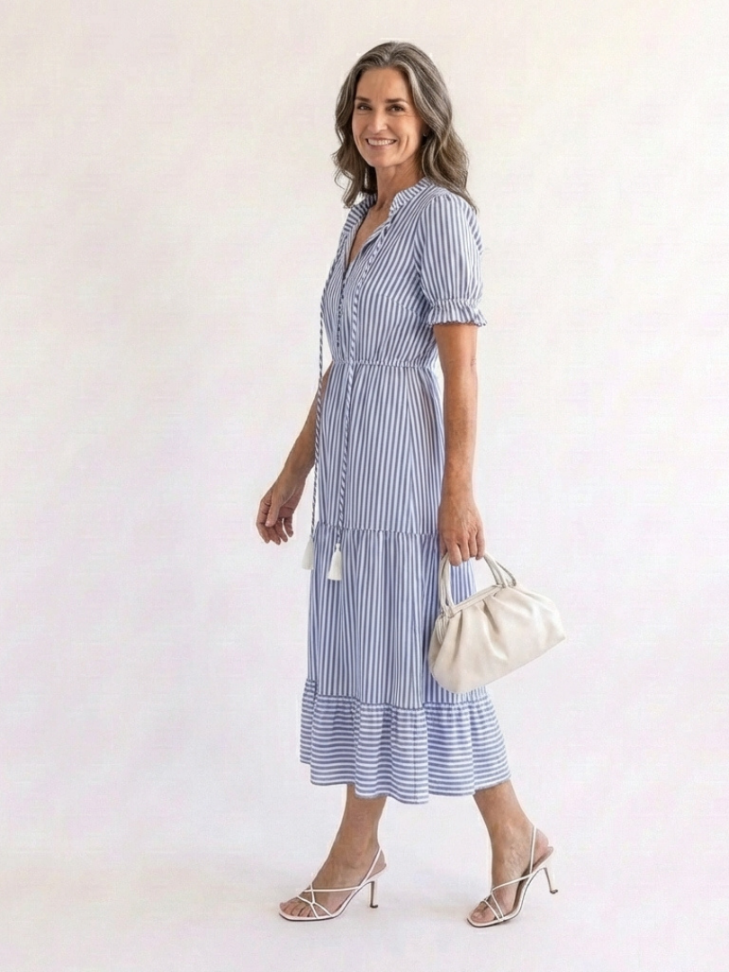 Dakota | Vestido Midi a Rayas por Capas y Manga Corta
