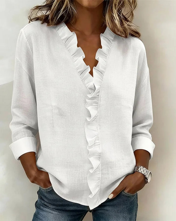 Susan | Blusa con Volantes, Cuello en V y Manga Larga