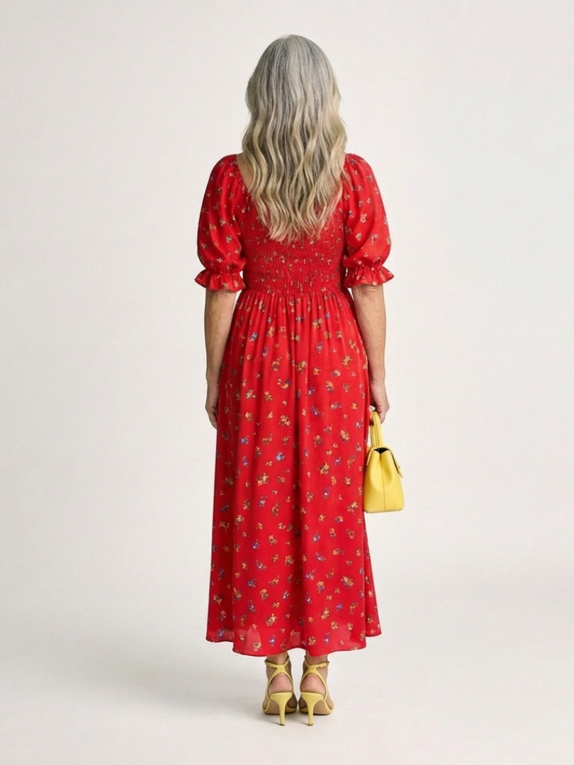 Delphine | Vestido Midi Floral de Escote Cuadrado y Manga Abullonada