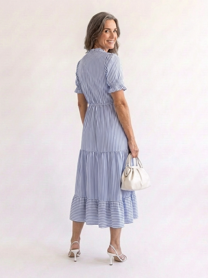 Dakota | Vestido Midi a Rayas por Capas y Manga Corta