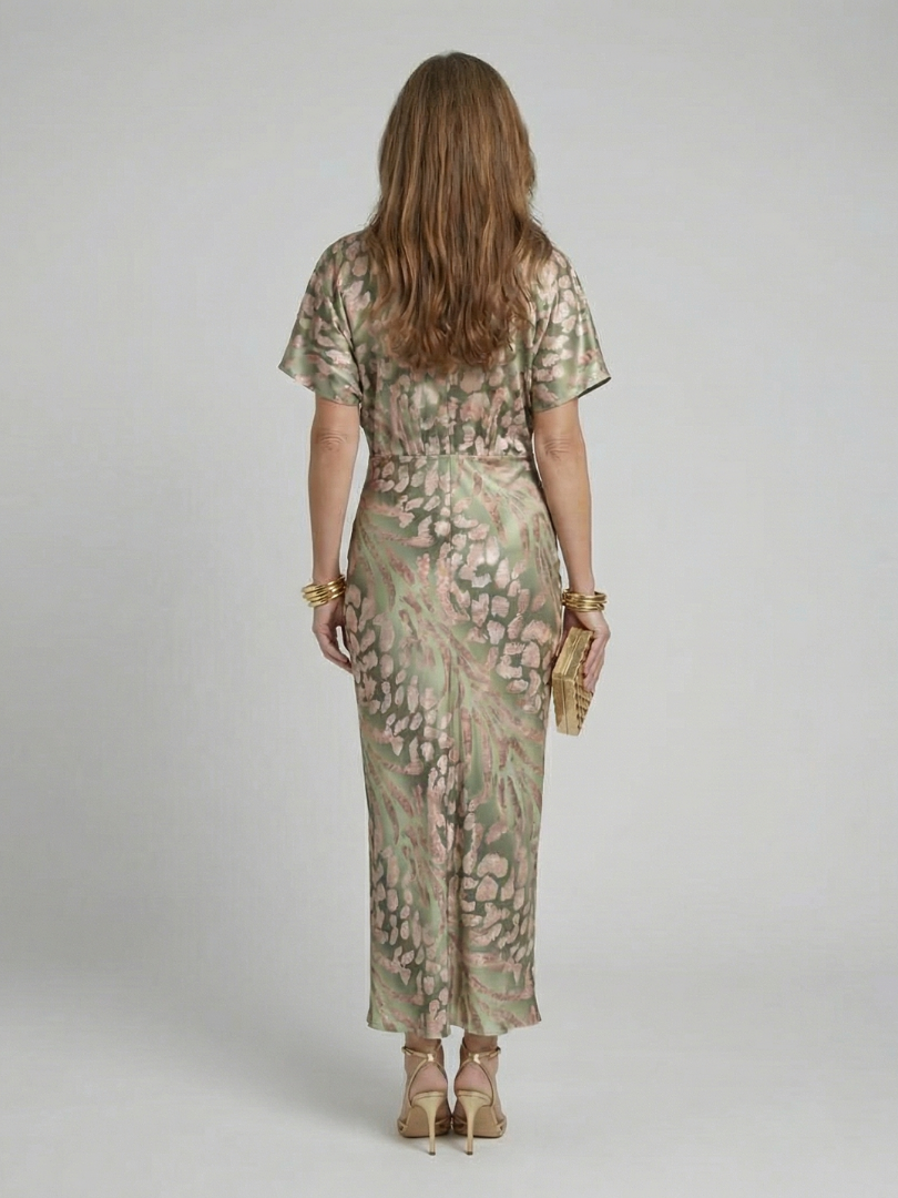 Coralie | Vestido Midi con Estampado Abstracto, Cuello en V y Cintura Cruzada
