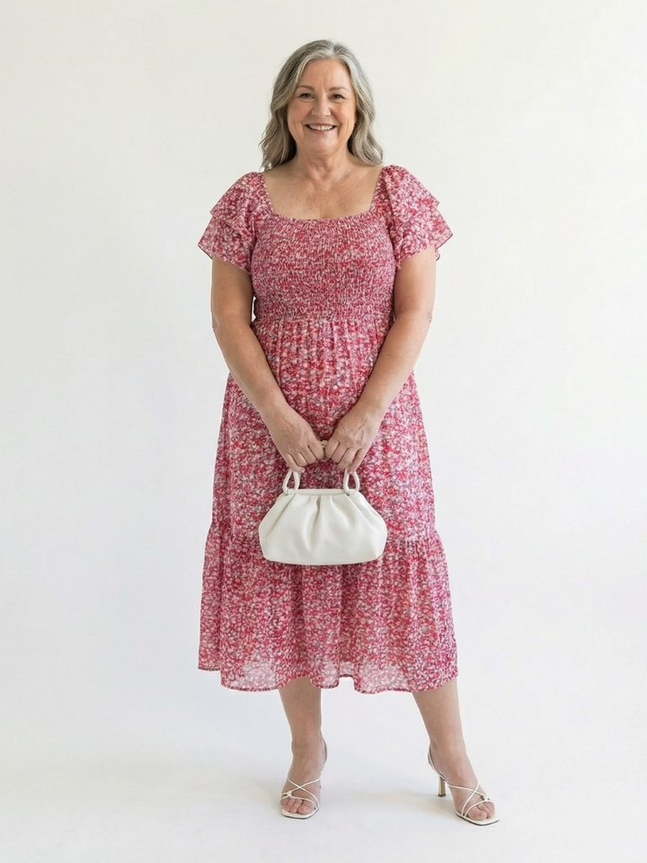Odette | Vestido Midi Floral con Hombros Descubiertos y Fruncido Elástico