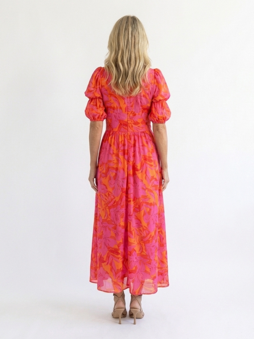 Willow | Vestido Midi Floral de Cuello en V y Manga Abullonada