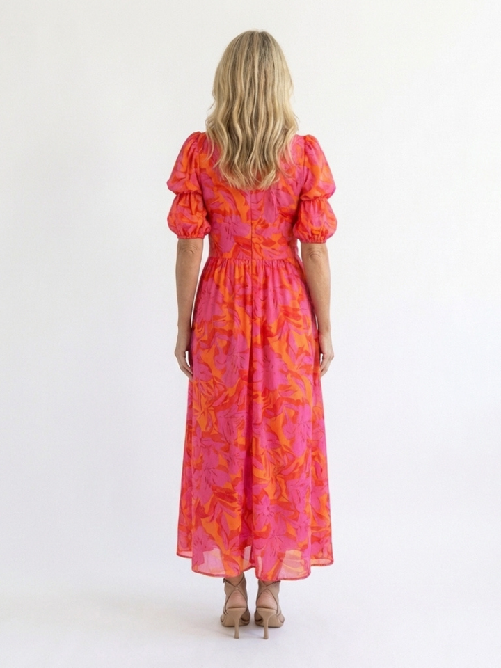 Willow | Vestido Midi Floral de Cuello en V y Manga Abullonada