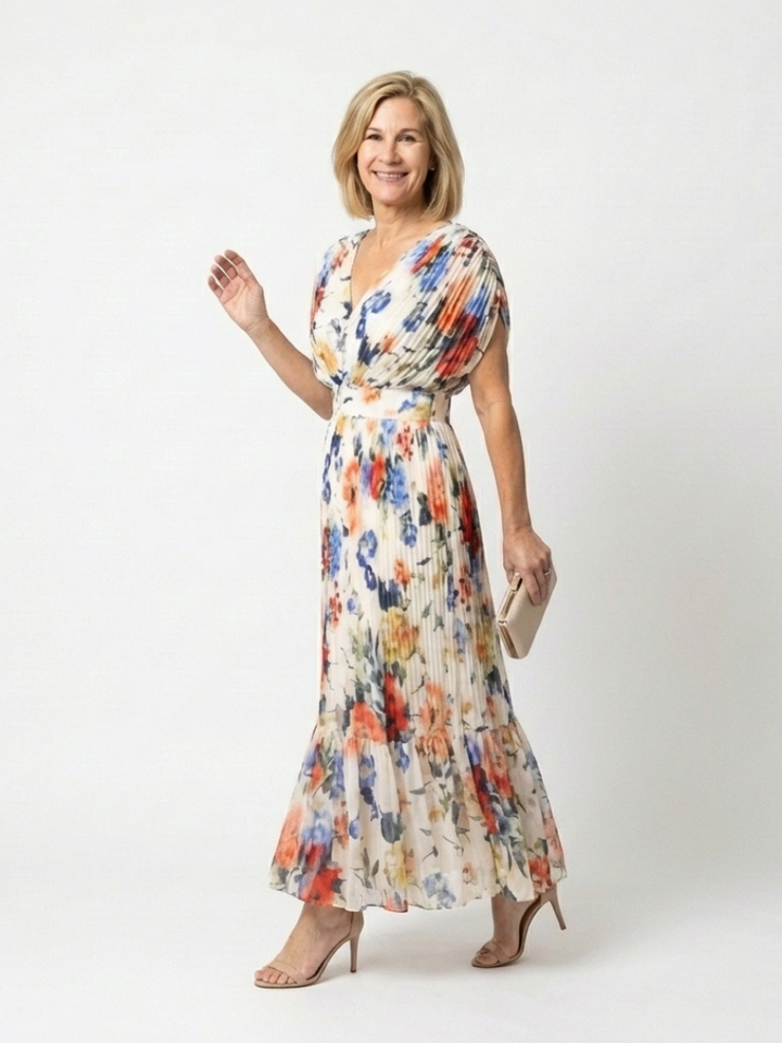 Savannah | Vestido Midi Floral Plisado de Manga Corta