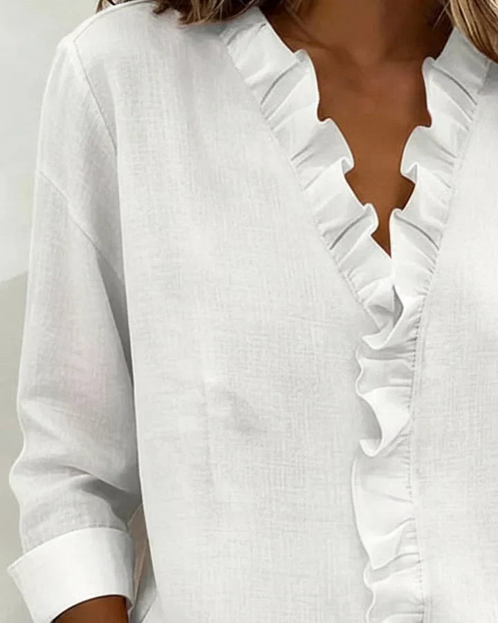 Susan | Blusa con Volantes, Cuello en V y Manga Larga