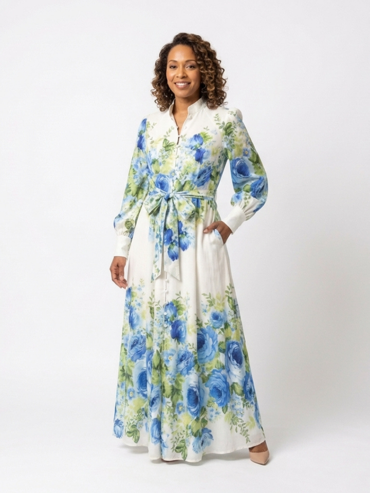 Harper | Vestido Maxi Floral Abotonado de Manga Larga