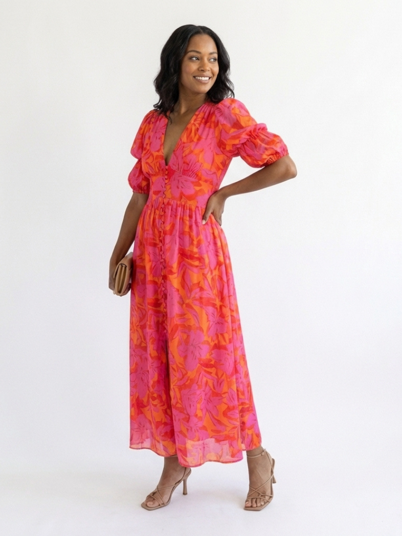 Willow | Vestido Midi Floral de Cuello en V y Manga Abullonada