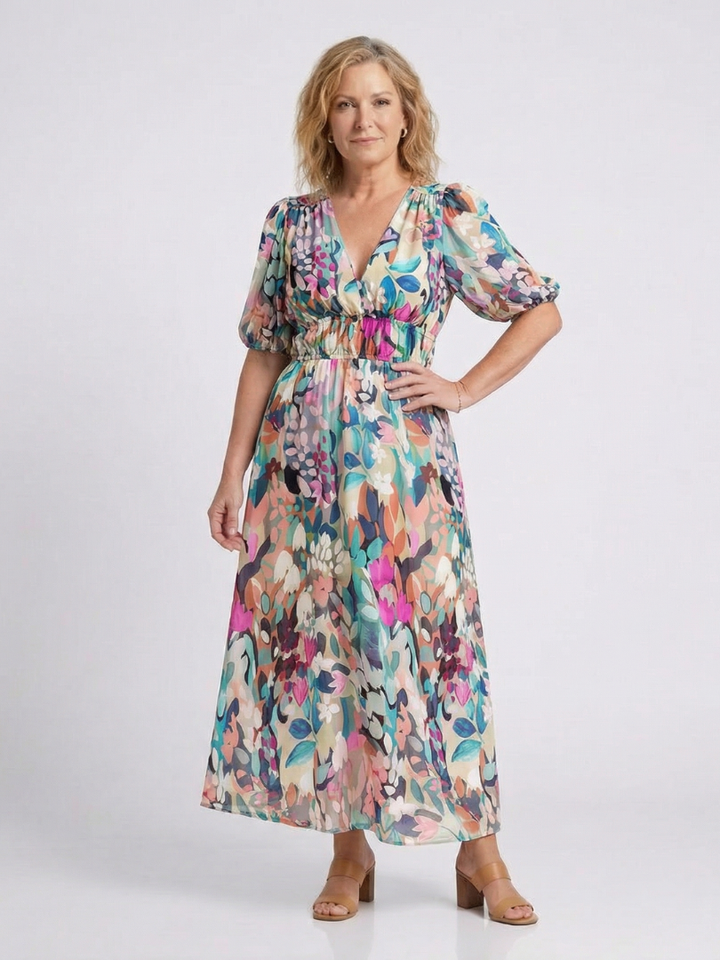 Eulalie | Vestido Midi de Cuello en V, Manga Corta y Cintura Fruncida