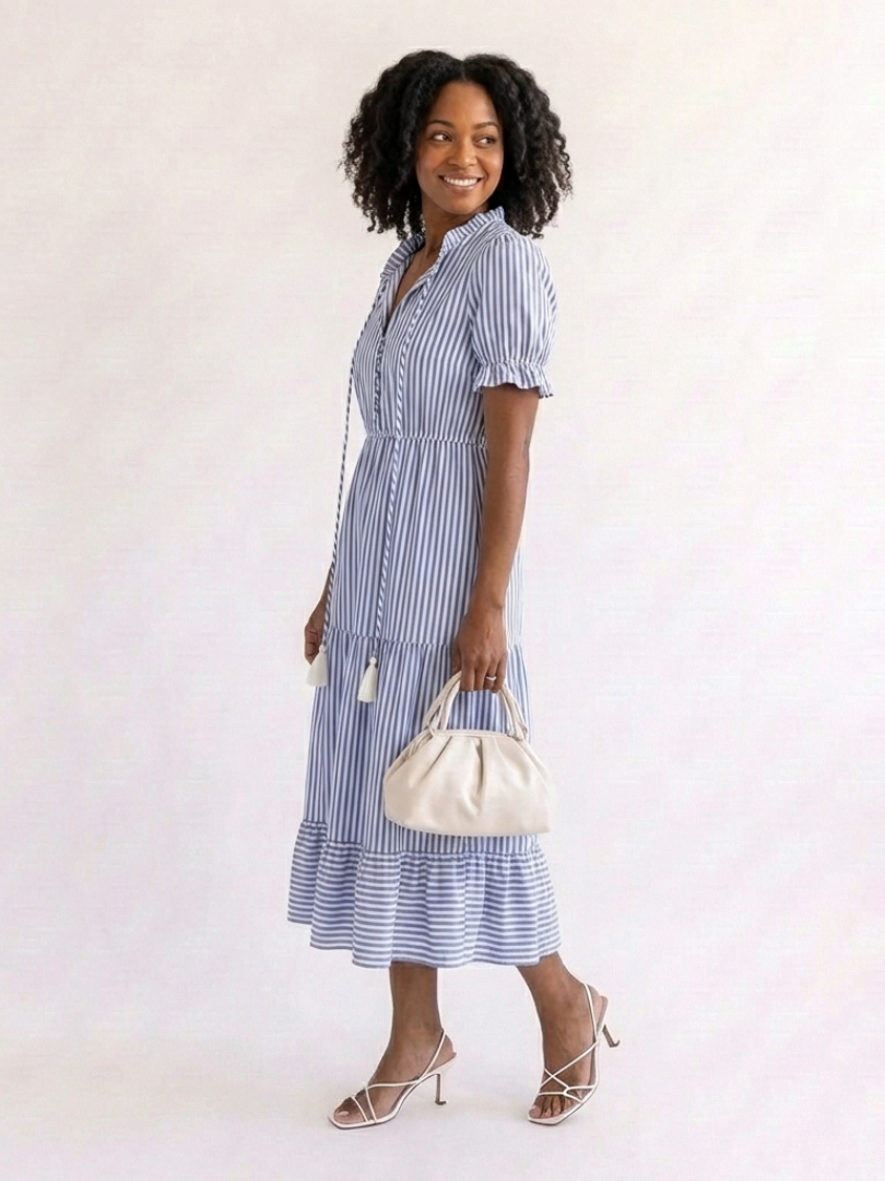 Dakota | Vestido Midi a Rayas por Capas y Manga Corta
