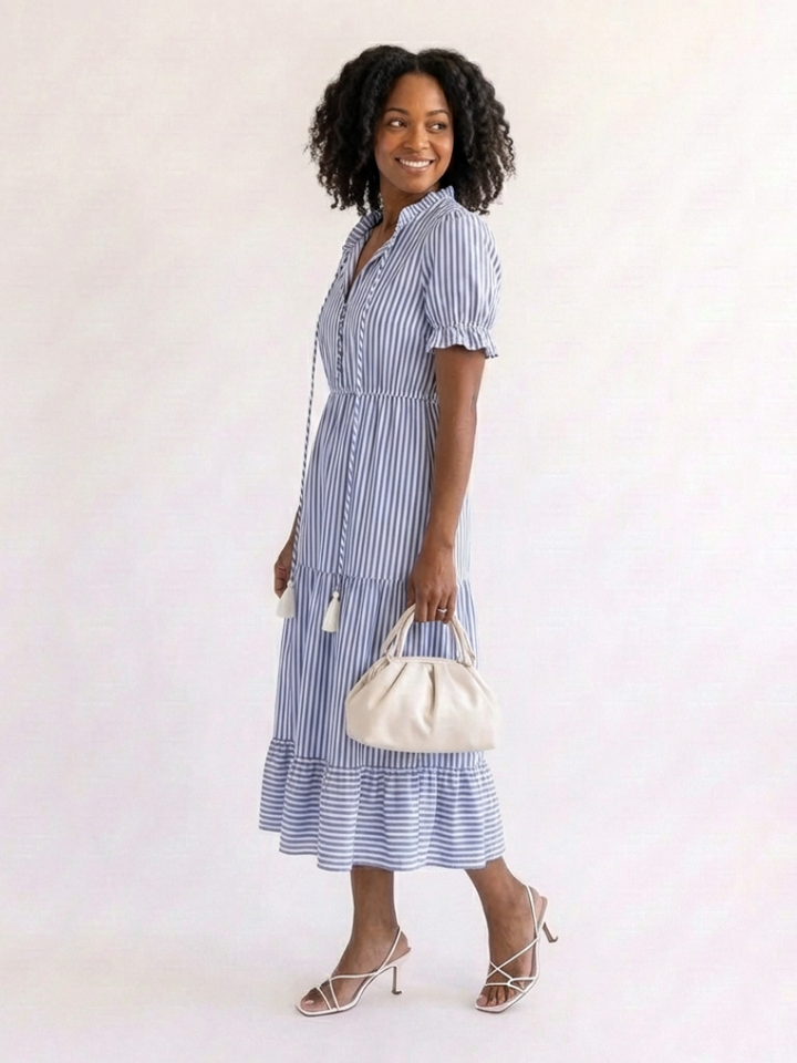 Dakota | Vestido Midi a Rayas por Capas y Manga Corta