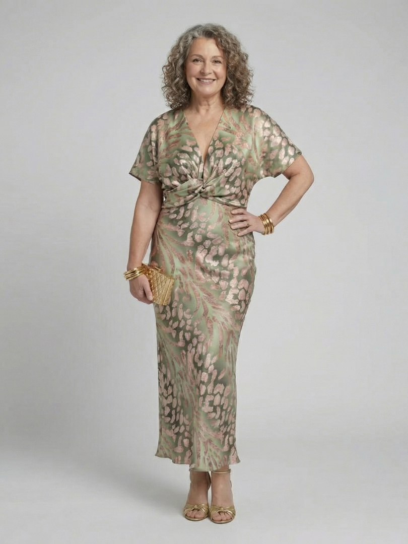 Coralie | Vestido Midi con Estampado Abstracto, Cuello en V y Cintura Cruzada