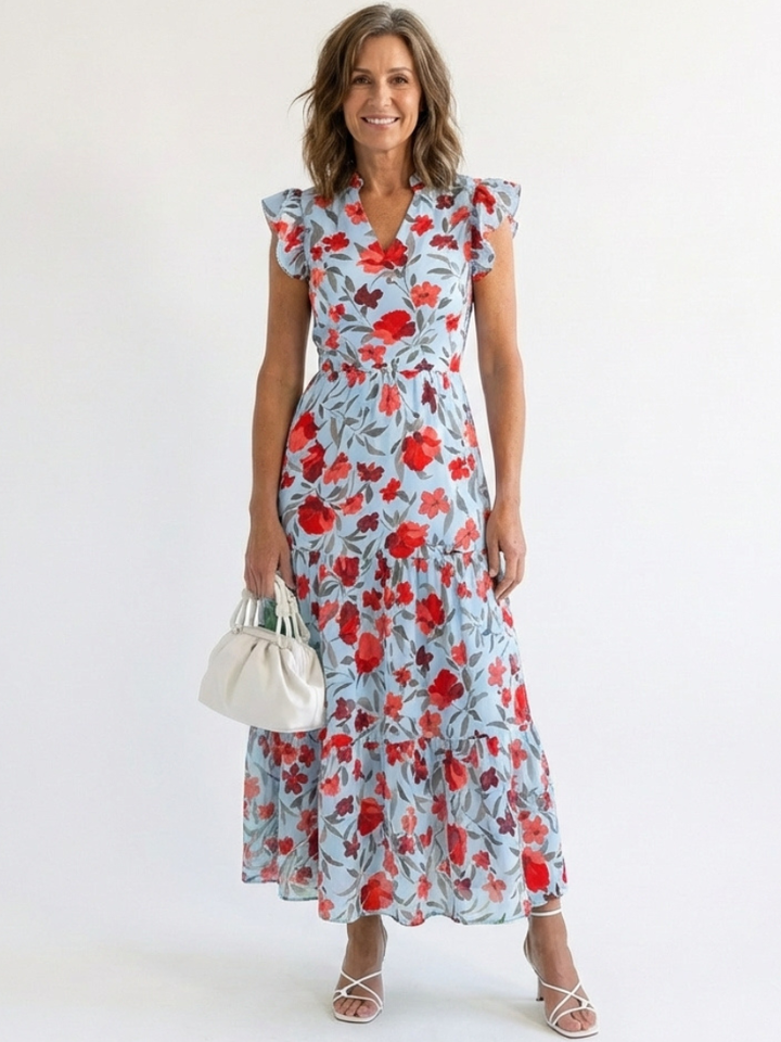 Lila | Vestido Midi Floral Escalonado de Cuello en V