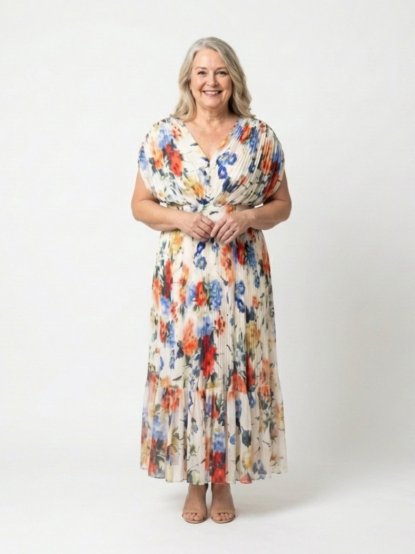 Savannah | Vestido Midi Floral Plisado de Manga Corta