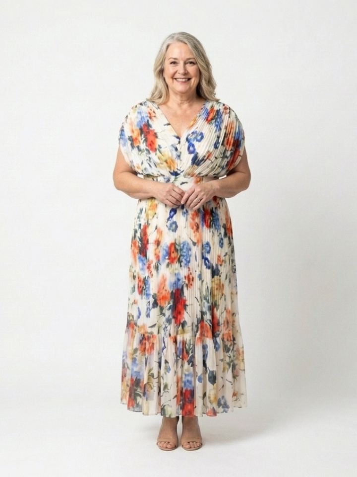 Savannah | Vestido Midi Floral Plisado de Manga Corta