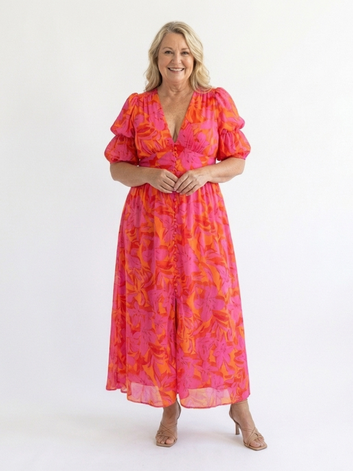 Willow | Vestido Midi Floral de Cuello en V y Manga Abullonada