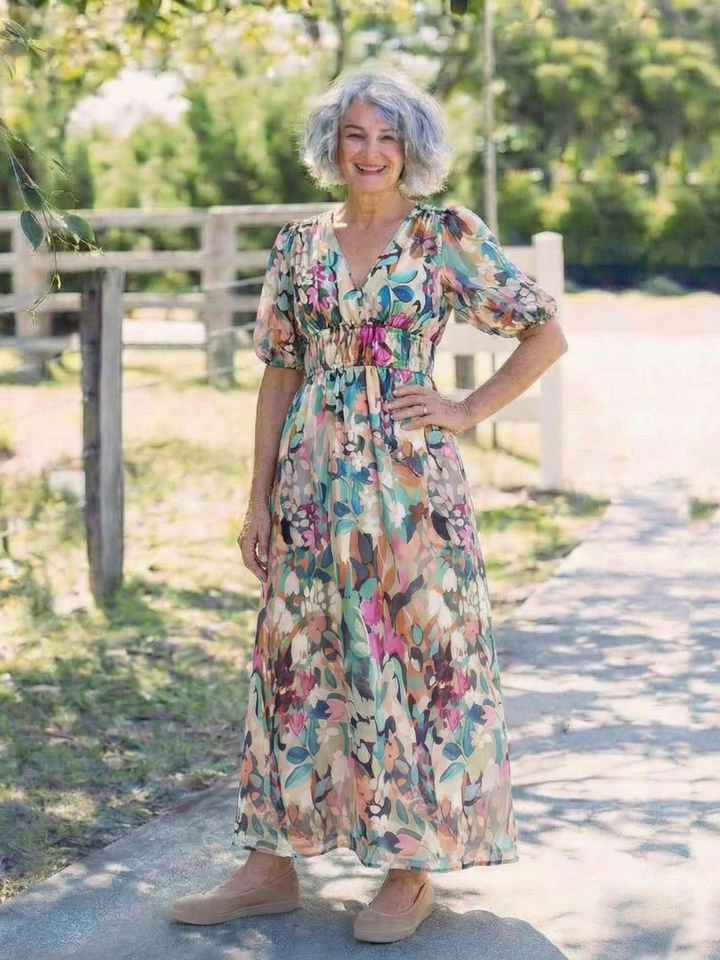 Eulalie | Vestido Midi de Cuello en V, Manga Corta y Cintura Fruncida