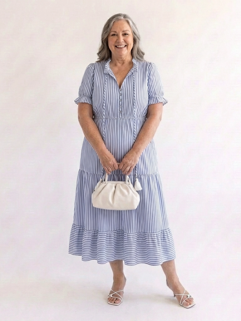 Dakota | Vestido Midi a Rayas por Capas y Manga Corta