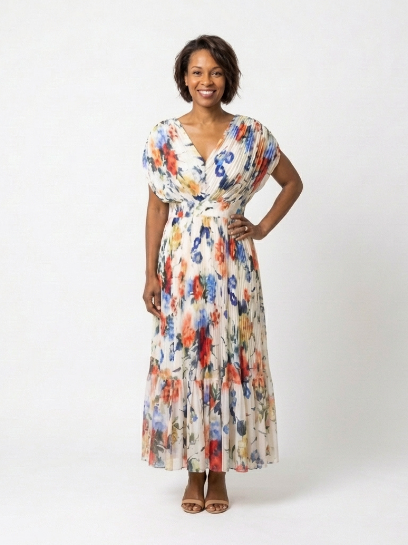 Savannah | Vestido Midi Floral Plisado de Manga Corta