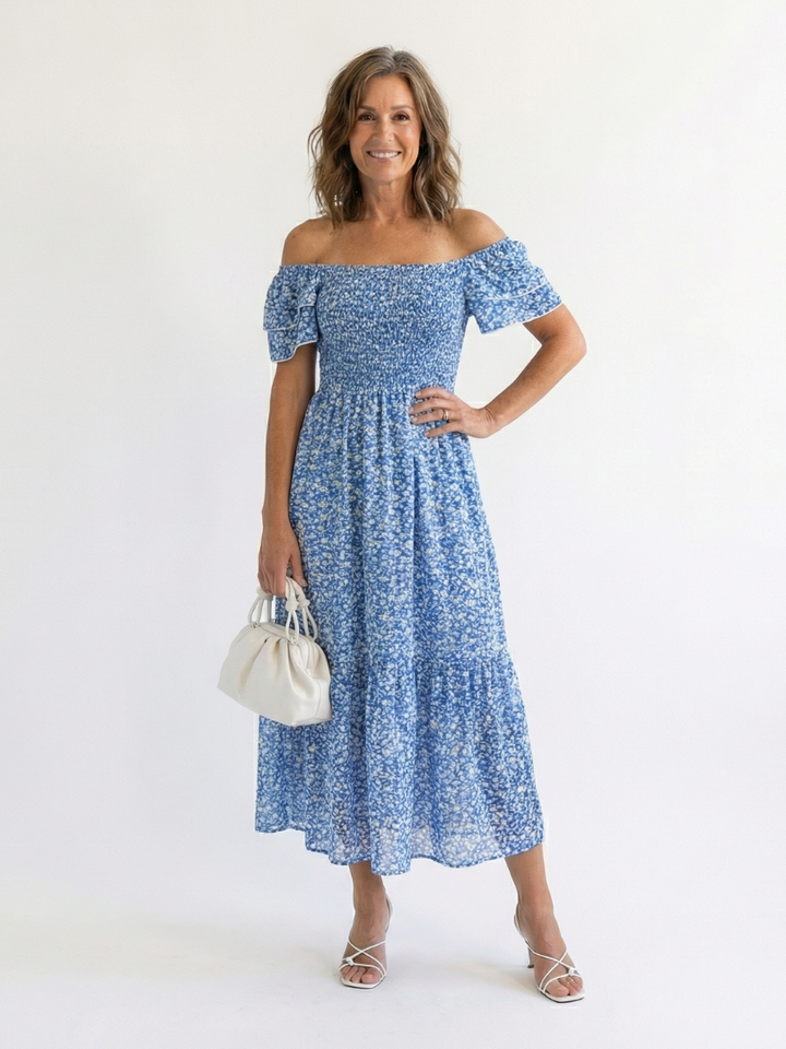 Odette | Vestido Midi Floral con Hombros Descubiertos y Fruncido Elástico