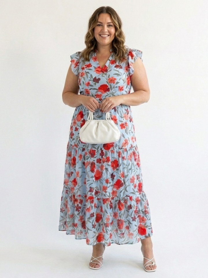 Lila | Vestido Midi Floral Escalonado de Cuello en V