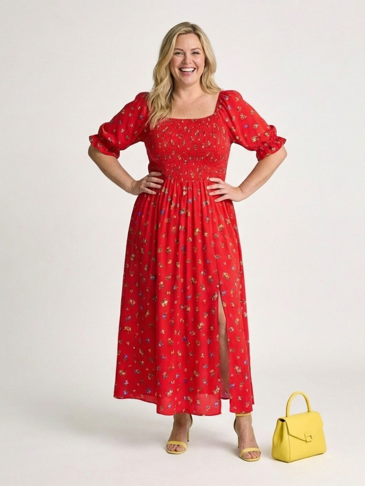 Delphine | Vestido Midi Floral de Escote Cuadrado y Manga Abullonada