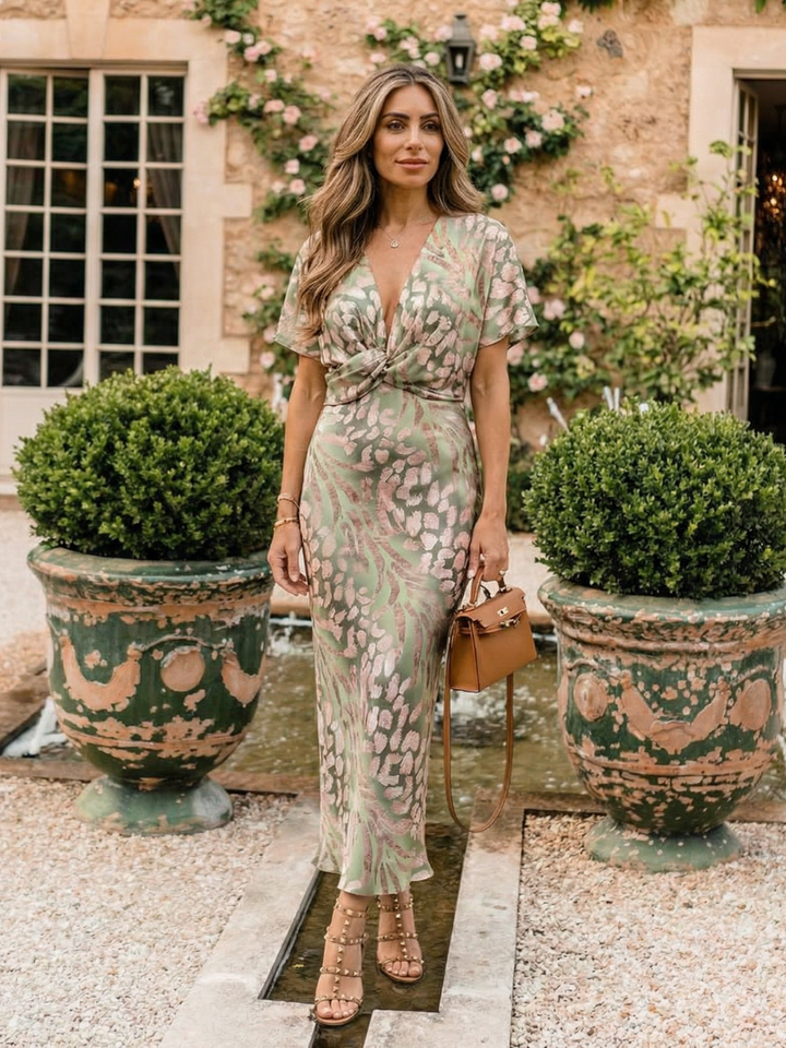 Coralie | Vestido Midi con Estampado Abstracto, Cuello en V y Cintura Cruzada