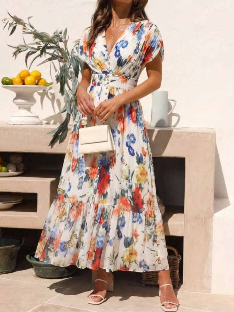 Savannah | Vestido Midi Floral Plisado de Manga Corta