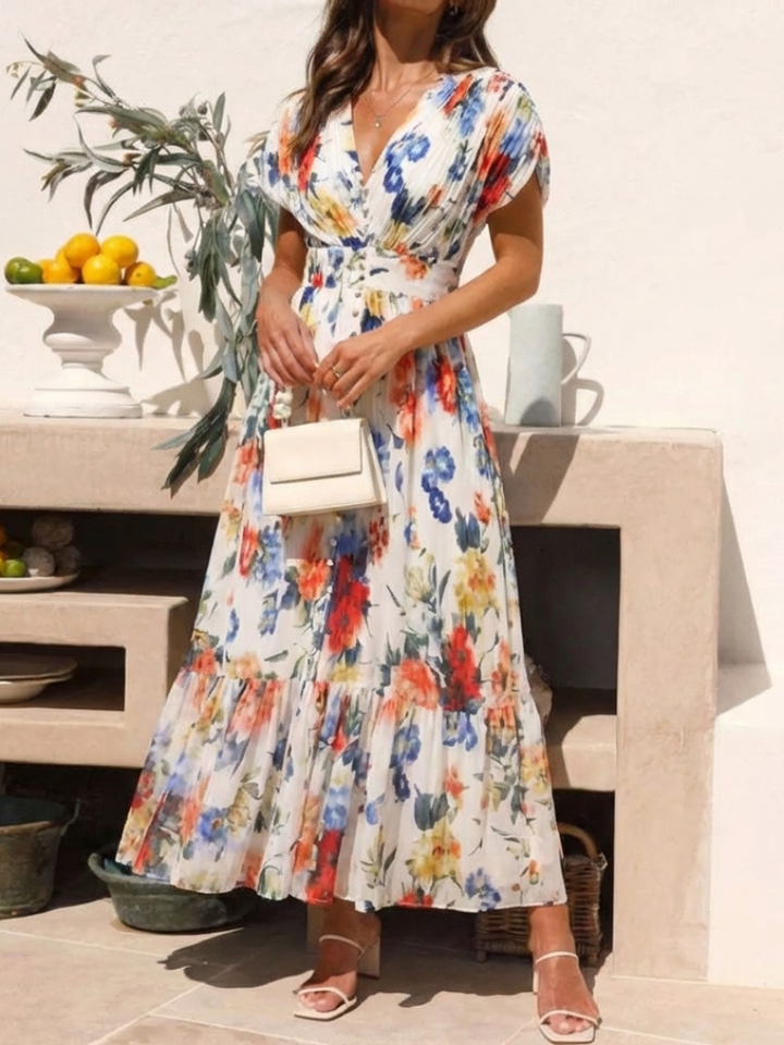 Savannah | Vestido Midi Floral Plisado de Manga Corta