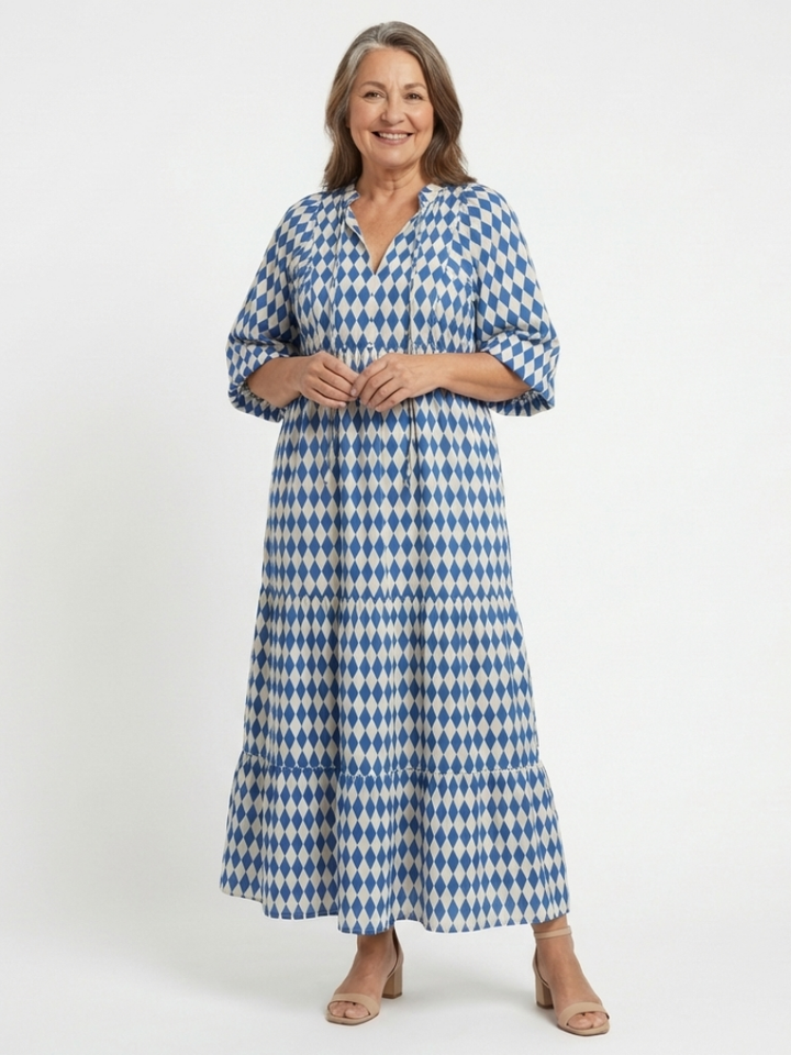 Elodie | Vestido Midi Escalonado con Estampado de Diamantes
