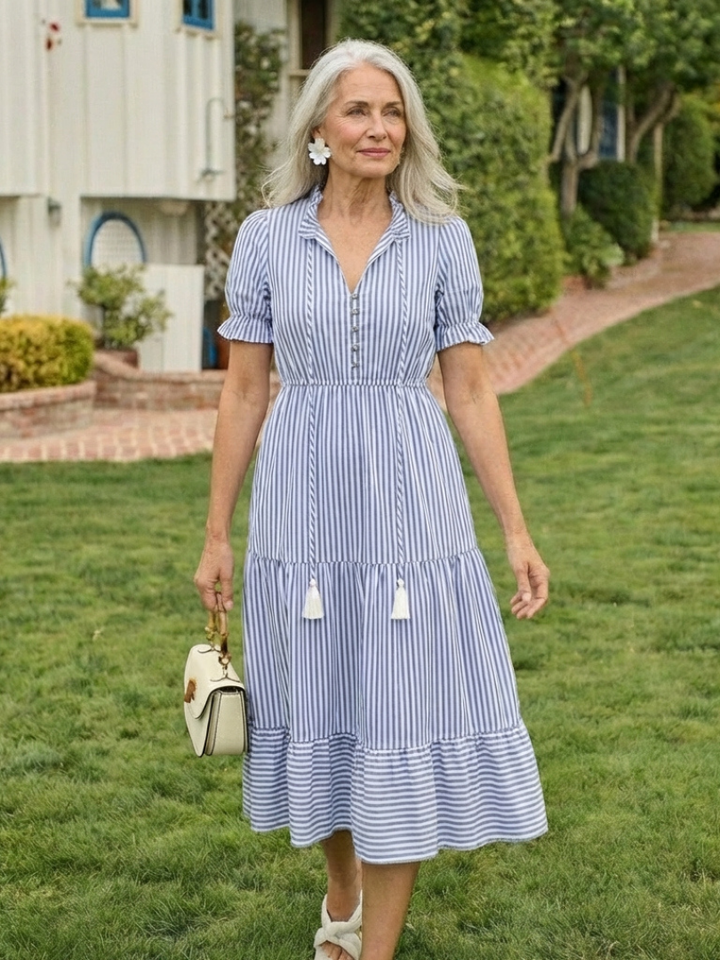 Dakota | Vestido Midi a Rayas por Capas y Manga Corta