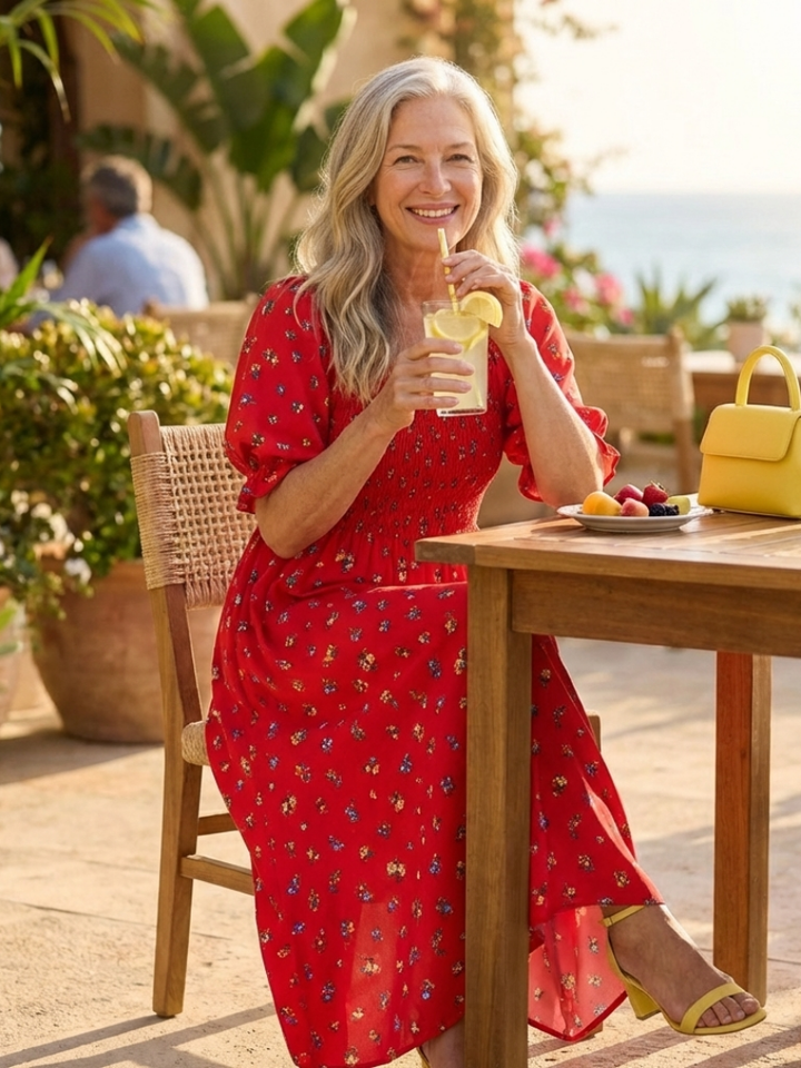 Delphine | Vestido Midi Floral de Escote Cuadrado y Manga Abullonada