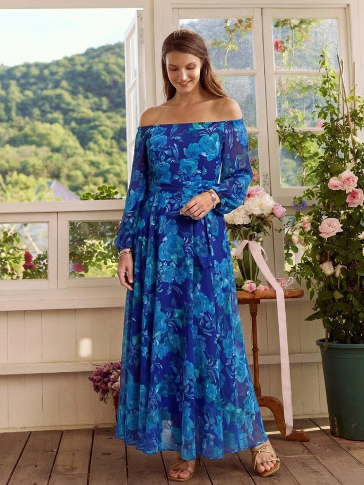 Aspen | Vestido Maxi Floral con Hombros Descubiertos