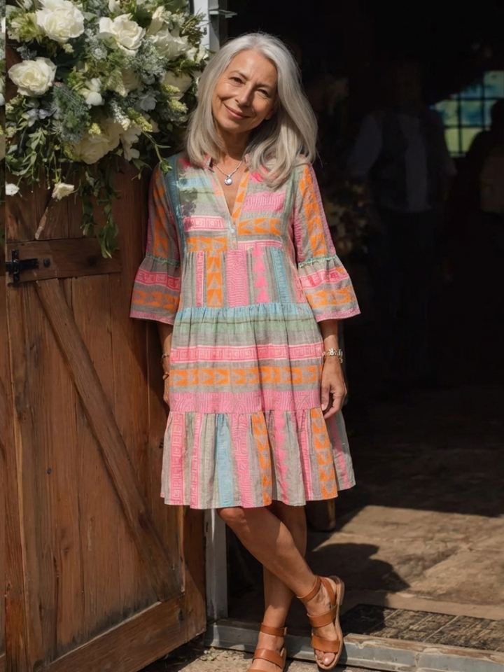 Maelle | Vestido a la Rodilla con Estampado Geométrico, Cuello en V y Capas