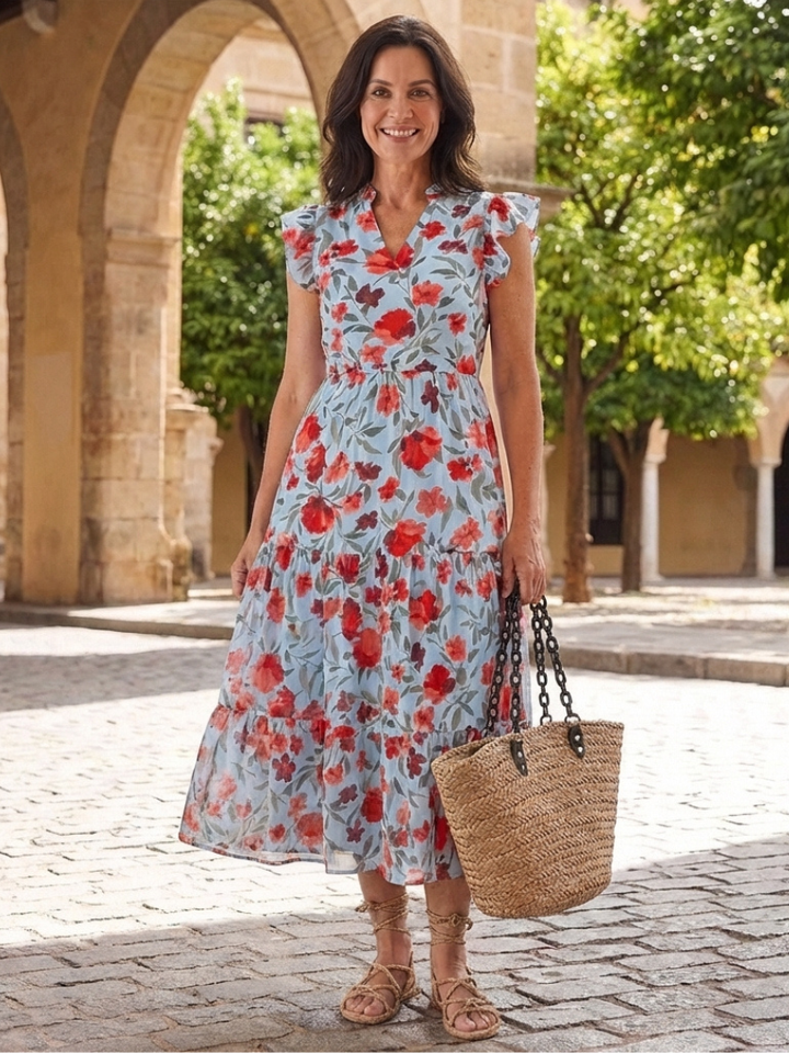 Lila | Vestido Midi Floral Escalonado de Cuello en V
